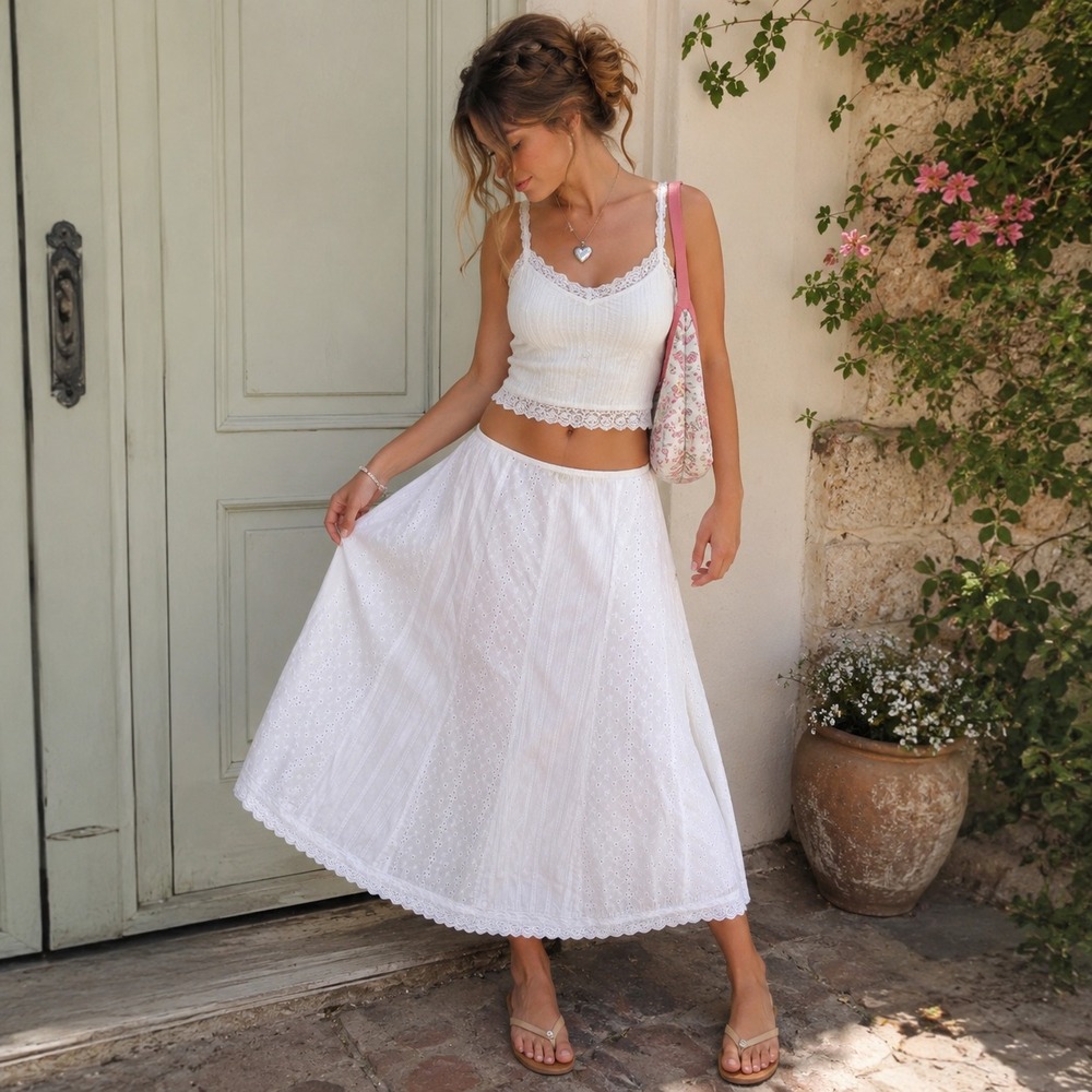 Vintage Y2K Style & Co Eyelet Midi Skirt Sz 10 White Cotton Boho Prairie Fairy